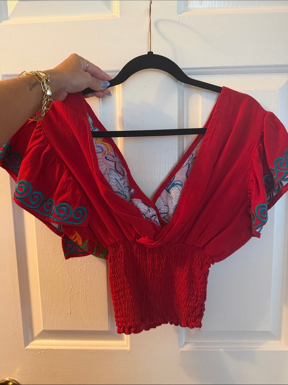 Red Embroidered V-Neck Women's Top - Picture 2 of 6